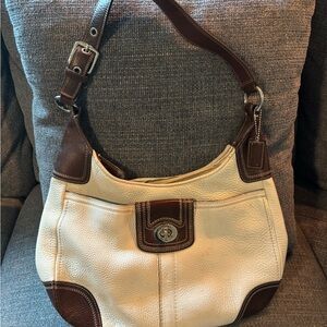 Coach Legacy Turnlock Hobo F13956- Cream Pebbled w/ Brown Trim, Silver Hardware